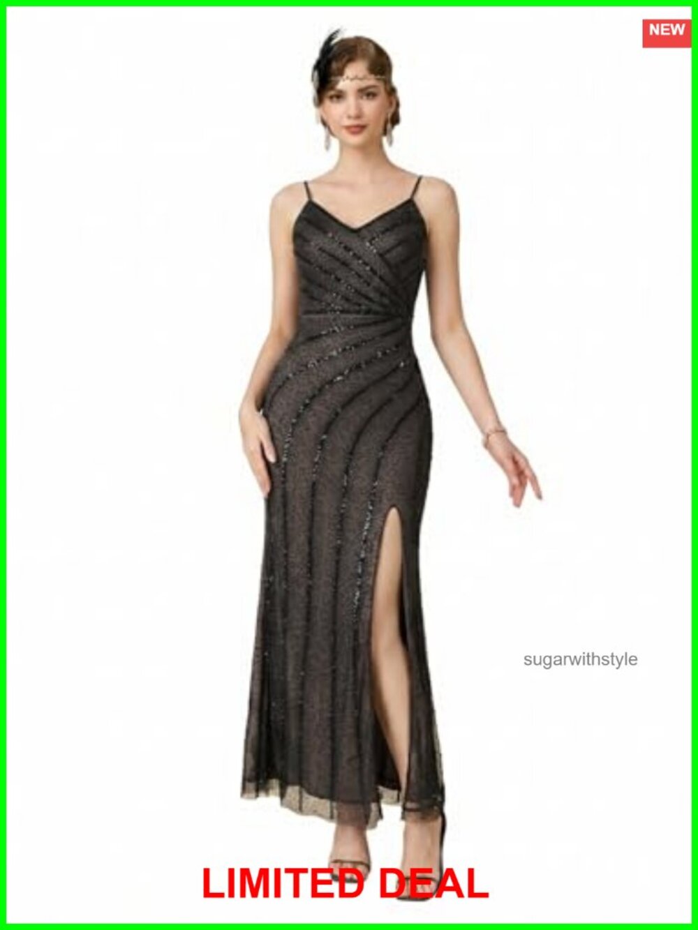 Vintage Flapper Sequin Tulle Maxi Dress High Split Formal 1920s Gatsby